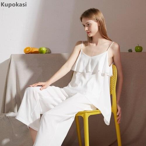 Kupokasi Women Pajamas Casual Turn-down Collar Sleevess Sleepwear White Spring Autumn Pyjama Femme Viscose Nightwear sexy pjs