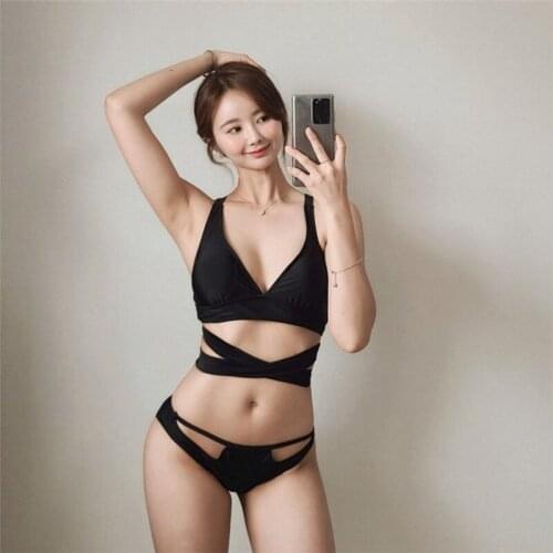 2021 New Korean Summer Sexy Printed Bikini Set Women Bandage Push Up Padded Bra Swimwear Female Bandeau Swimsuit Bathing Suit