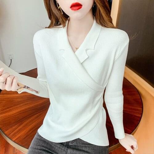 Commuter sweater womens thick knitted top Slim bottoming shirt women autumn and winter cross diagonal collar ruffled V-neck top