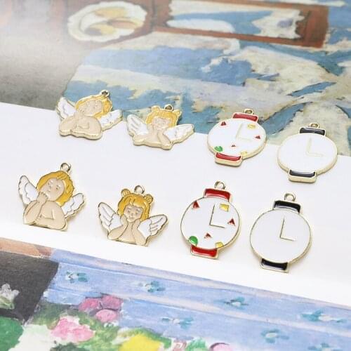 10pcs Cute Cartoon angel wings Earrings for Women alloy drip oil alarm clock watch pendant diy jewelry keychain accessories