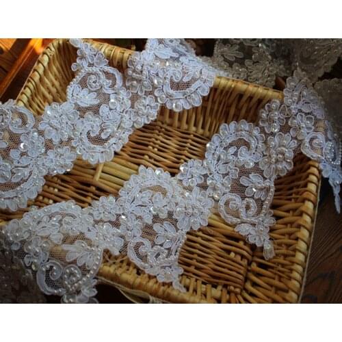 13cm 5.12" (2Yards/lot )White Beaded and Sequined Alencon Lace Trim,Corded Wedding Dress Fabic