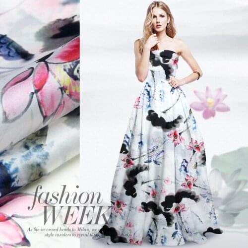 135cm wide 14mm ink lotus print silk organza fabric for dress shirt clothes pants D045