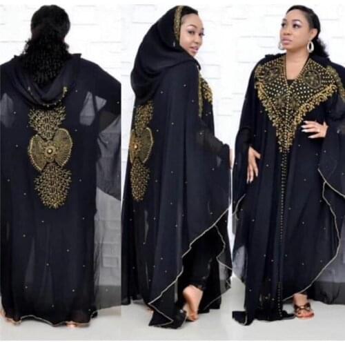 African dresses for women fashion design new african bazin embroidery design Drill Beads Lengthened Cape Hooded Cape Long Dress