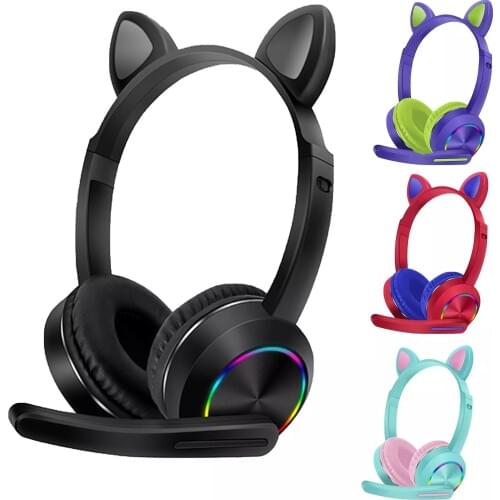 Kids Headsets with Mic LED Cat Ear Noise Cancelling Headphones Wireless Bluetooth Gaming Earphones for Laptop PC PS4 Computer