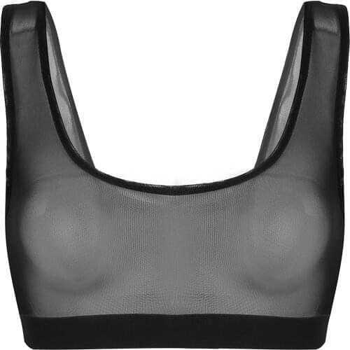 Women Sexy See Through Crop Top Bra Lingerie Mesh Sleeveless Seamless Stretchy Bralette Bras Deep U Neck Vest Tank Underwear