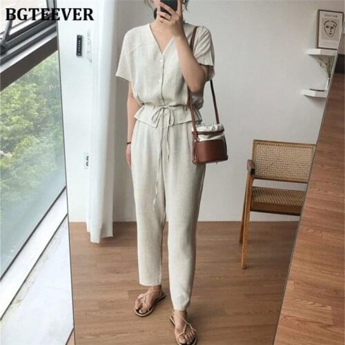BGTEEVER Brief V-neck Lace-up Women Rompers Jumpsuit 2020 Summer Short Sleeve Single-breasted Flax Female Playsuit Overall