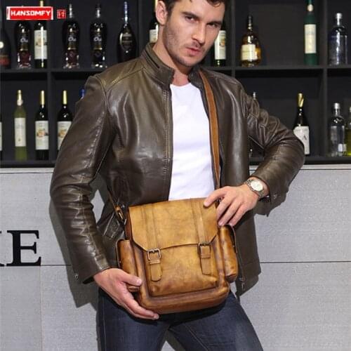 Leather mens bag vertical section first layer leather shoulder bag retro casual diagonal bags tide business casual briefcase