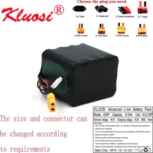 KLUOSI 14.8V 10.5Ah 10Ah 4S3P 16.8V Li-ion Battery High Capacity UAV Rechargeable for Various RC Airplane Drone Quadrotor XT60