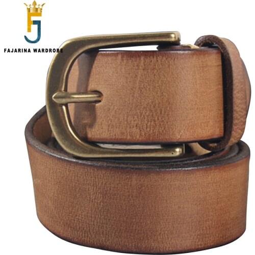 FAJARINA Retro Personality Mens Thickening Solid Brass Metal Mens Solid Pure Cowhide Jeans Belt Leather 3.8cm Wide N17FJ1032
