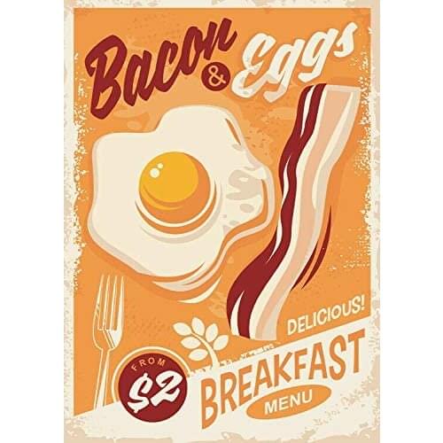 Nobrand Bacon & Eggs Vintage Metal Sign, Retro Wall Plaque, Breakfast, American Diner 8x12 in
