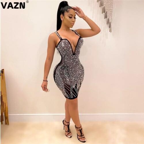 VAZN 2020 New Women Spaghetti Strap Stretchy Package Hip Bodycon Mini Glitter Dress Sleeveless Mini Dress