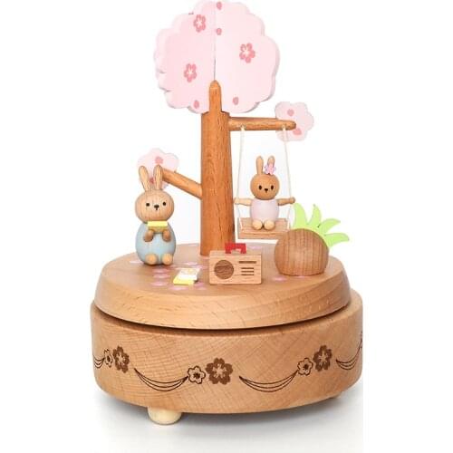 Customized Beech Wood Music Box Printing Rabbit Girl Heart Pink Birthday Christmas Valentines Day Gift Wooden Craft Decoration