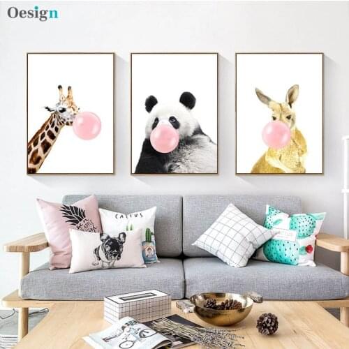 Blowing bubbles animal red panda giraffe canvas art painting kindergarten posters and prints murals children bedroom decoration