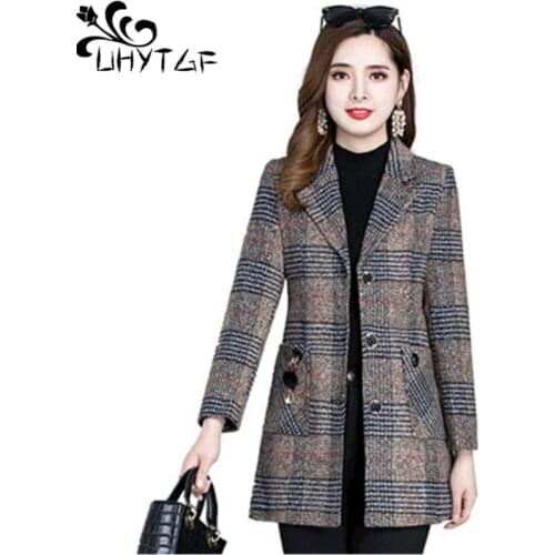 UHYTGF 5XL Plus Size Jacket Womens Fashion Plaid Autumn Winter Woolen Coat Women Casual Female Coats Abrigos Mujer Invierno 334