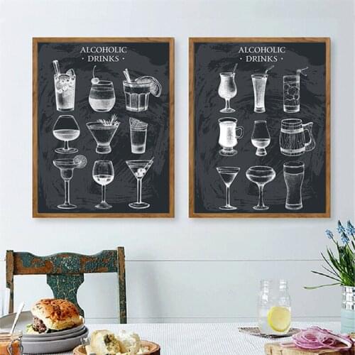 Vintage Alcoholic Drinks Sketch Drawing Art Prints Chalkboard Poster Kitchen Wall Decoration Bar Restaurant Menu Canvas Painting