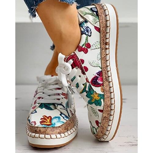 Women Sneakers Floral Printed Lace Up Female Flat Shoes Fashion Round Toe Lady Vulcanized Shoes Women New Elegant Casual Shoes