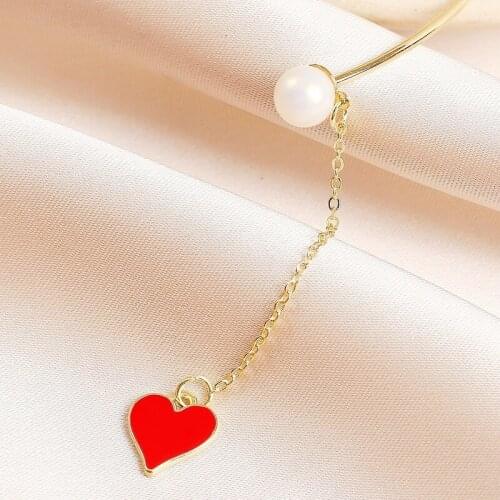 Minar Sweet Red Color Enamel Love Heart Clip Earrings for Women Gold Color Metallic Faux Pearl Long Tassel Earrings Pendientes