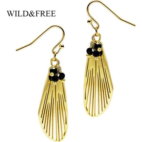 Wild&Free Handmade Beaded Dangle Earrings For Women Stainless Steel Gold Hollow Out Insect Wings Drop Earrings Jewelry Gift