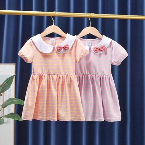 2-6 Years Children Girls Dress Clothes Summer Fashion Sweet Peter pan Collar Short Sleeve Kids Cotton A-Line Striped Dress