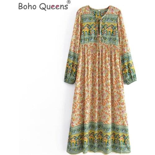 Boho Queens women tie neck tassel leopard print beach Bohemian maxi dress Ladies long sleeve rayon cotton Boho dress vestidos