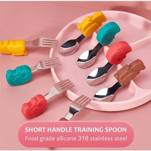 2Pcs/Set Silicone Baby Spoon Fork Set Cartoon Stainless Steel Baby Feeding Stuff Kids Learn To Eat Training Spoon Forks #20