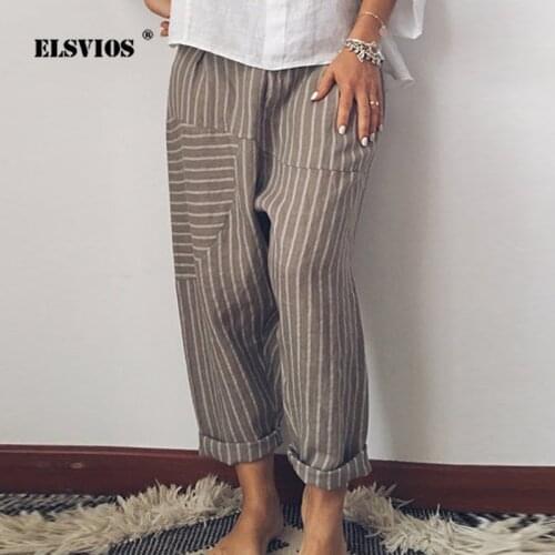 2020 Vintage Striped Print Pants Women Cotton Linen Pocket Harem Pant Summer Plus Size Loose Pantalon Casual Streetwear Trousers