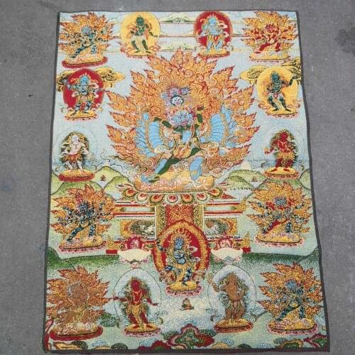 35" Thangka embroidery Tibetan Buddhism silk embroidery brocade Nepal Mahakala Thousand Hands Huanxi Buddha Thangka