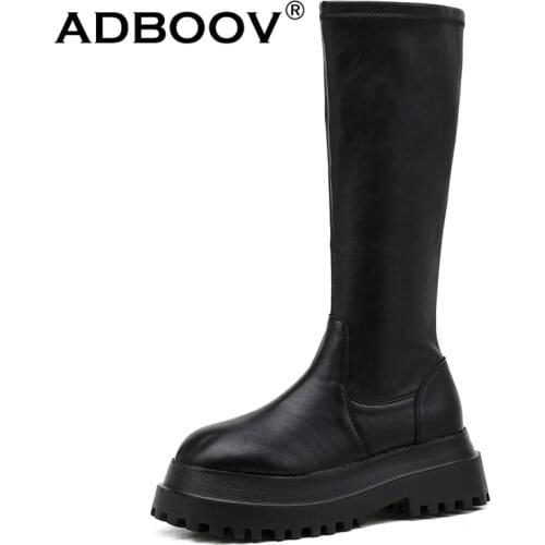 ADBOOV 2020 New Thick Sole Mid-calf Boots Women Side Zip Platform Leather Boots Shoes Ladies