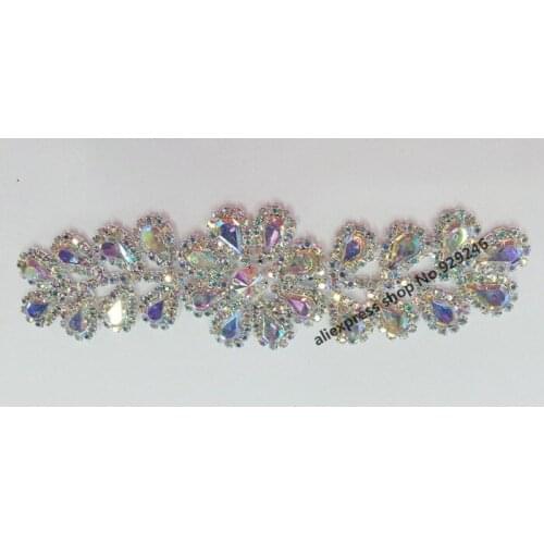 Free shipping 1pc/lot shiny fashion flower ab crystal metal applique for dress gown costume decoration sew on rhinestone trims