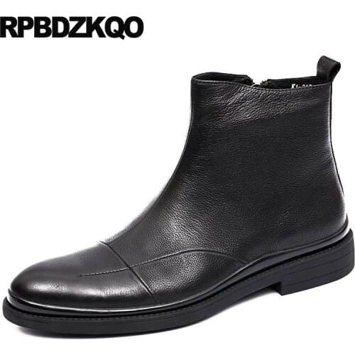 Ankle Round Toe Zipper Shoes Fur Fall Handmade Mens Winter Boots Warm Full Grain Booties Autumn Black Genuine Leather High Top