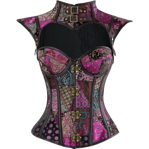 Gothic Corset Steampunk Hollow Out Bustier Women Retro Slim Rivet Floral Lace Up Tops Sexy Costume Purple Black