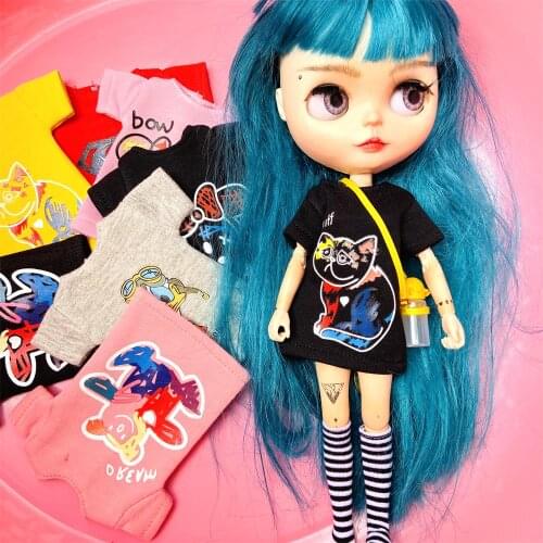 2pcs/set of Blyth/Barbies doll clothes, cartoon print short T-shirt + striped socks, can be used for 1/6 doll accessories