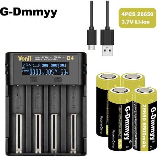 26650 6500mAh High Capacity Li-ion Rechargeable Battery 3.7V 26650 Battery+LCD Charger for 3.7V 1.2V Battery 26650 21700 14500