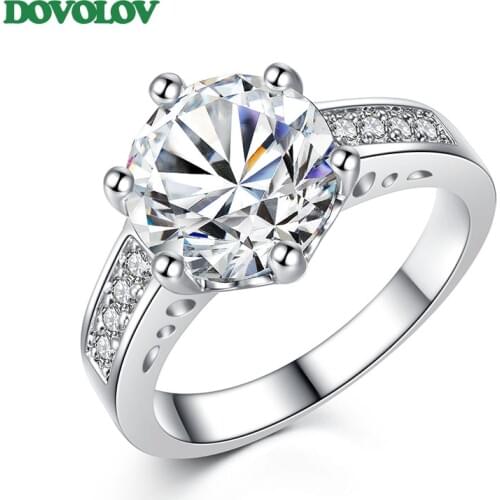Dovolov Fashion Elegant Temperament Wedding Ring Charming Jewelry Clear Real Rhodium Plated Women Accessary D3