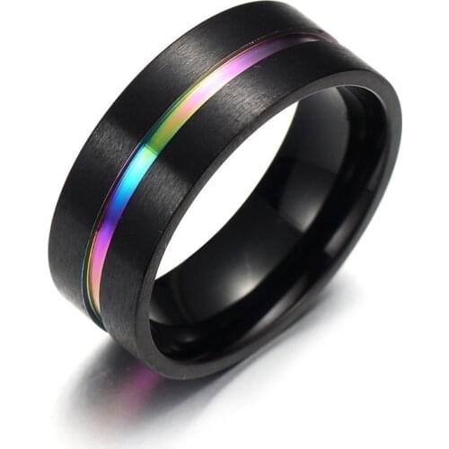 Fashion Mens Jewelry Black Stainless Steel Wedding Ring 8mm Colorful Rainbow Ring Size 6-13 for male best gift