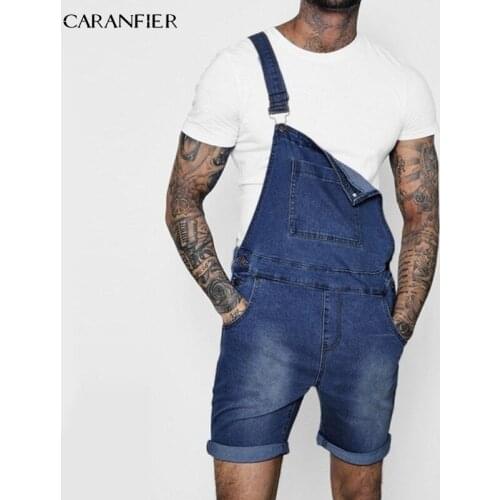 CARANFIER Jeans Mens Jumpsuits High Street Distressed Denim Bib Overalls For Man Knee Kength Jeans Wash Pocket Trousers Pants