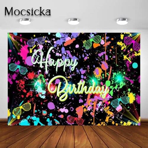 Mocsicka Neon Birthday Party Backdrop Lets Glow in The Dark Graffiti Splatter Happy Birthday Party Banner Photoshoot Background