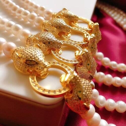 Elegant AAA white 8-9mm natural freshwater pearl necklace Leopard head inlay zircon