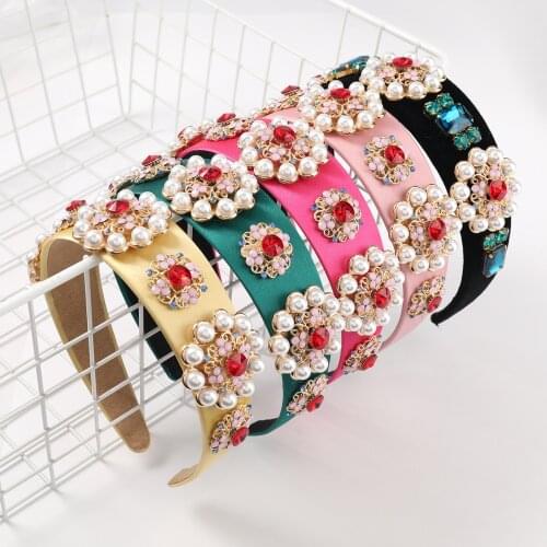 Baroque Headbands Pearl Flowers Headband For Women Rhinestone Hair Bands Fashion Sparkly Crystal Wedding Hair Accessories New