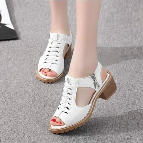 Dropshiping Vintage Elegant Mid Square Heel Womens Sandals Summer Style Peep Toe Cross Tied Side Zip Design Shoes Woman Shoes