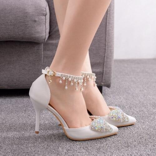 Luxury Women Pumps High Heels Sexy Pointed Toe Slip-on Wedding Shoes Party Fashion Sandals Rhinestone Bow Lady Stiletto
