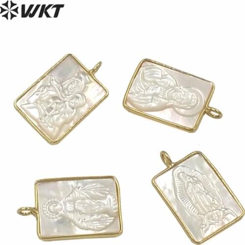 WT-JP234 Amazing Rectangle Gold Color Bezel Medal Mother Of God Pendant Shinning Mop Shell Virgin Mary Jewelry Pendant