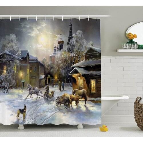 Country Shower Curtain Winter Landscape of A Western Town at Night in New World Rurals in Retro Style Art Deco Bath Curtains