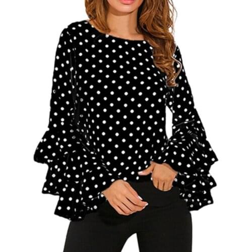 Fashion Womens Flare Sleeve Loose Polka Dot Shirt Ladies Casual Blouse Tops Office Ladies Shirt Blouse Plus Size 5XL