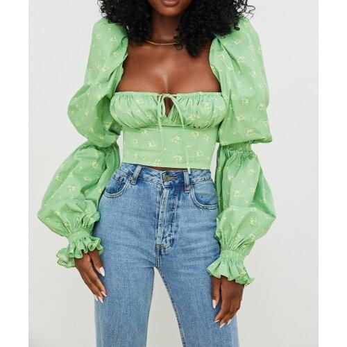 Fashion Floral Top Women Green Sweet Square Neck Long Puff Sleeve Ruched Drawstring Crop Top Autumn Woman Party Blouse