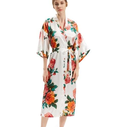 Womens Kimono Robe Long Robes with White Peony and Blossoms Printed Kimono Nightgown