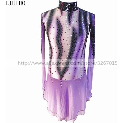 Figure Skating Dress Womens Girls' Ice Skating Dress Competition dresses Black purple stripe pattern Sparkling rhinestones