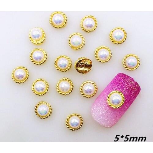 20pcs/pack Japan Alloy Nail Art 3D Gold 5mm Round with Pearl Metal Accessories for Phototherapy Nail Sticker DIY