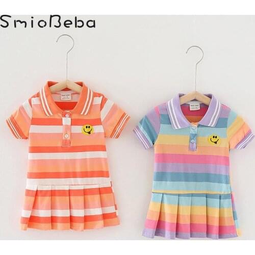2021 Summer Baby Polo Collar Girls Pleated Dress Smiling Face Embroidered Children Striped Skirt Infant Rainbow Colorful Dress