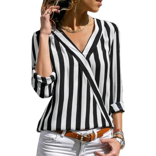 2021 Summer Women Striped Blouse V-neck Long Sleeve Shirts Casual Tops Work Wear Chiffon Shirt Plus Size Ladies Blouses
